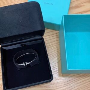 Tiffany & Co. Black Leather Bracelet with Silver T Accent